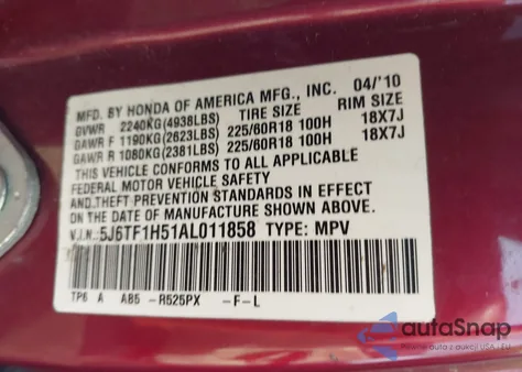 2010 Honda Accord Crosstour Ex-L z USA, uszkodzony, nr VIN 5J6TF1H51AL011858